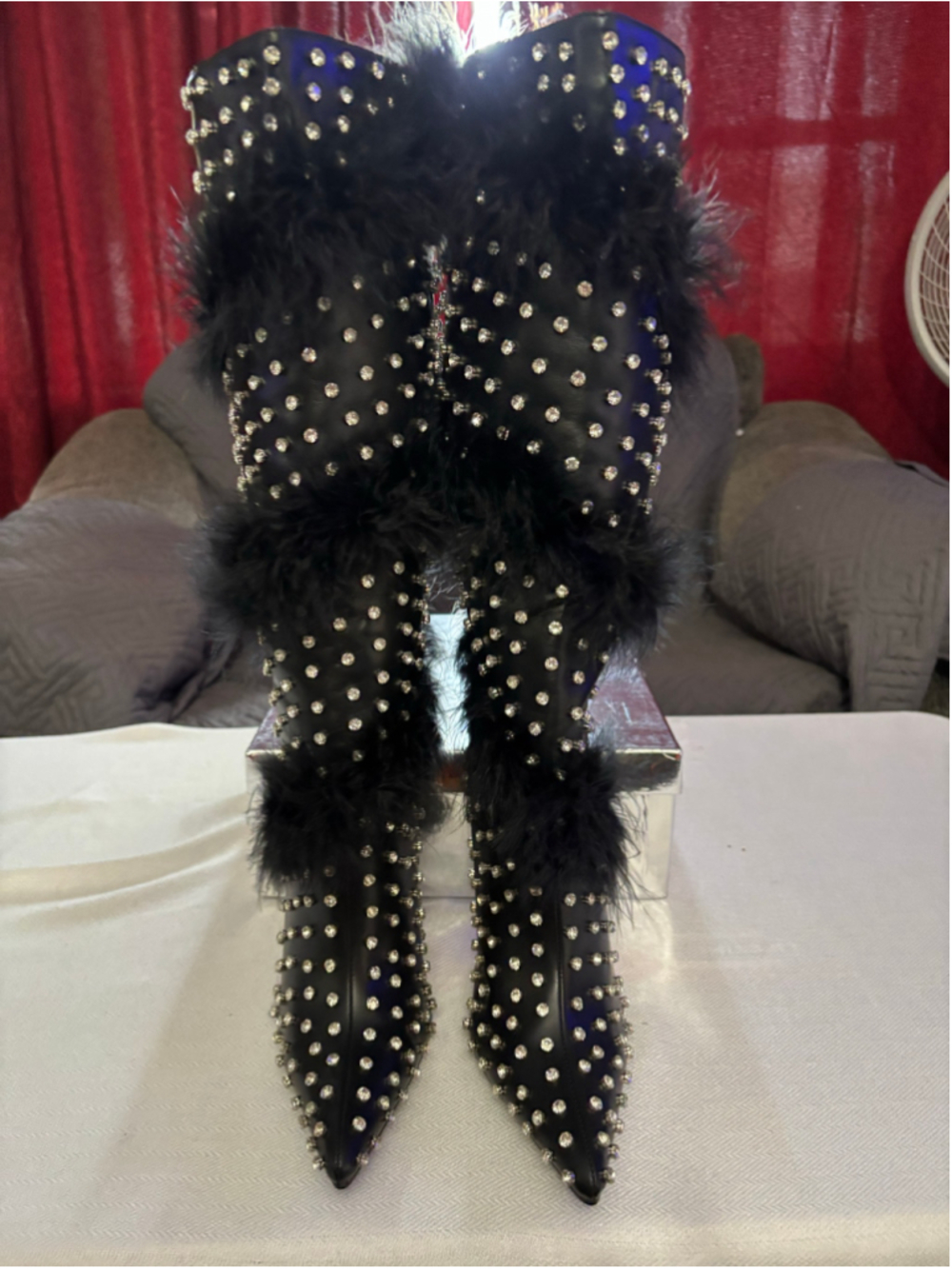 Women's Azalea Wang Black Rhinestone Fur Heeled Boots Size 8.5